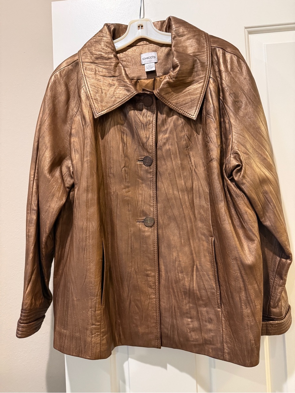 Chico's Metallic Bronze Leather Button-Front Jacket